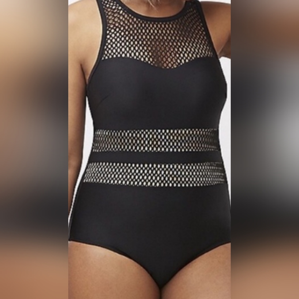 Cacique Black Mesh One Piece Swimsuit size 18